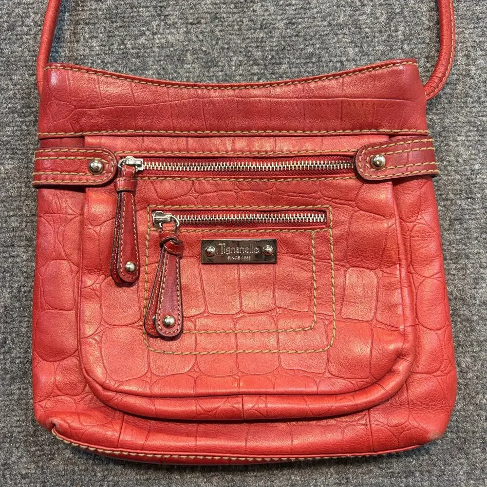 Tignanello Red Leather Croc Embossed Crossbody Bag Purse Multi Pocket Shoulder